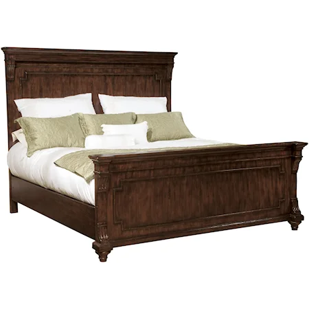 King-Size Panel Headboard & Footboard Bed with Traditional Molding Details & Heavily Distressed Artistic Finish